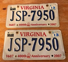 Virginia License Plate Set 400th Anniversary JSP-7950 Matching Pair 2007 2013