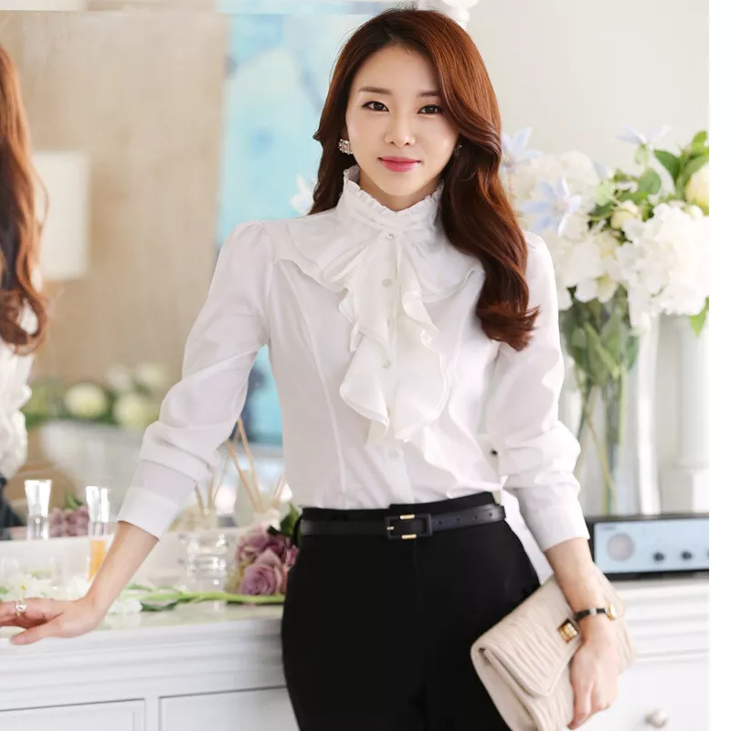 Women&#039;s Shirt Bow Tie Front Frilly Solid Chiffon Blouse | eBay