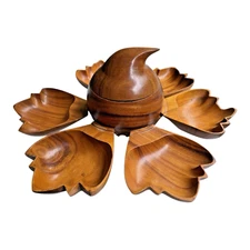 Mid Century Monkey Pod Wood Leaf Chip and Dip Set with Center Bowl Lid