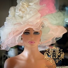 Kentucky Derby Hat Sherbet Pastels Wide Brim Organza Flower Pink Mint Easter Hat