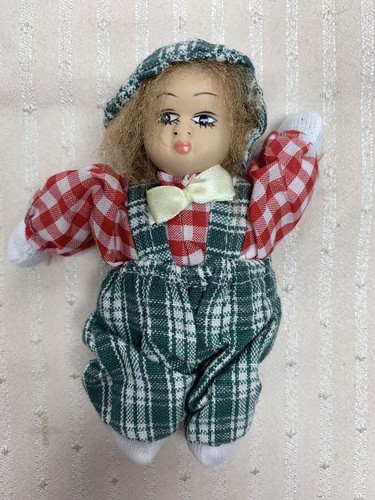 3-vintage Sand Filled Dolls Girls Bonnets Gingham Porcelain Faces - Picture 6 of 7