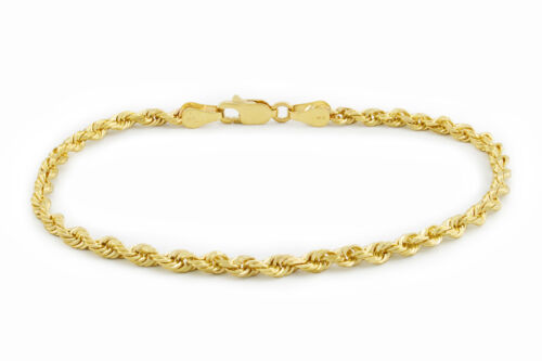 14k Yellow Gold Mens 3mm Diamond Cut Rope Real Italian Chain Link Bracelet 9" - Afbeelding 1 van 12