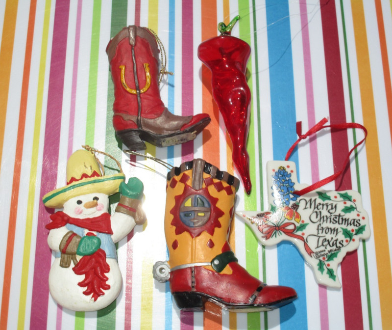 Vintage Southwestern Christmas Ornaments Lot Of 5 Texas Cowboy Boot Chili Pepper