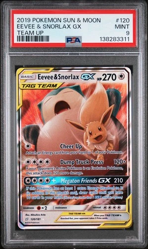 2019 POKEMON SUN & MOON TEAM UP #120 EEVEE & SNORLAX GX PSA 9