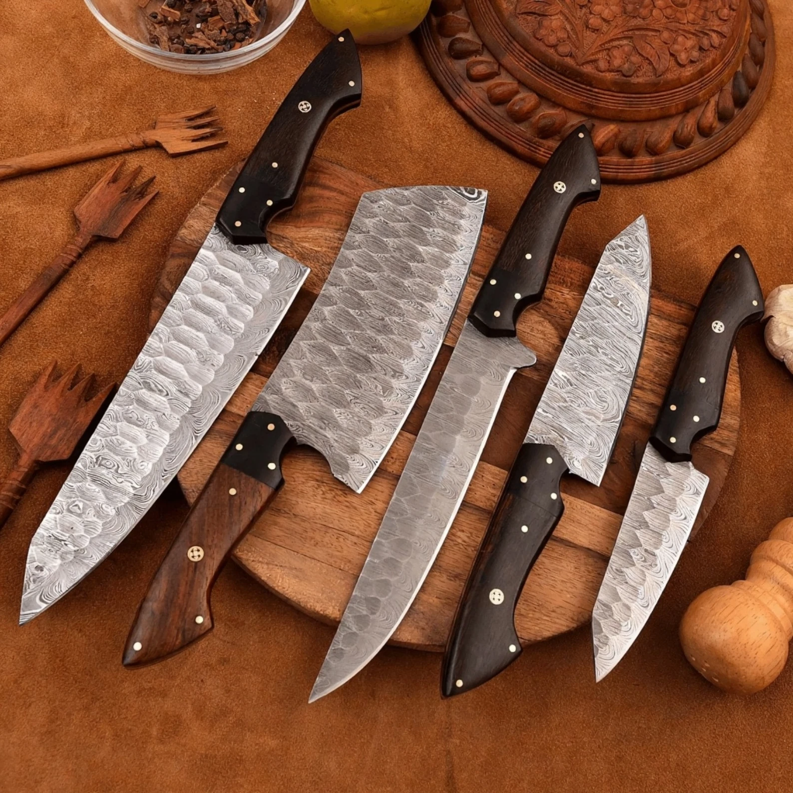 Damascus Steel Chef Knife Set - Handmade Kitchen Knives with Wood Handles