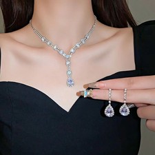 Silver Bridal Y Necklace Earrings Set Rhinestone Crystal Drop Wedding Jewelry