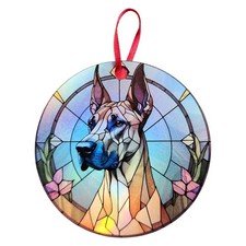 Great Dane 9 Fawn Cropped Pink and Green Border Holographic Dog Ornament