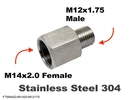 M14x2.0 FEMALE to M12x1.75 MALE Stainless Sensor Adaptor Fittings Conversion