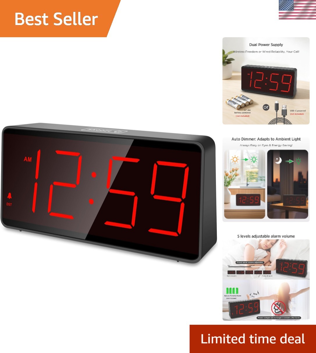 Portable Alarm Clock with Red Digits, Auto Dimming, & Adjustable Volume Control