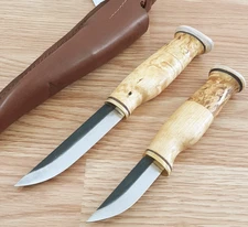 Wood Jewel Set Fixed Knife Carbon Steel Blade Curly Birch Handle w/Brown Sheath