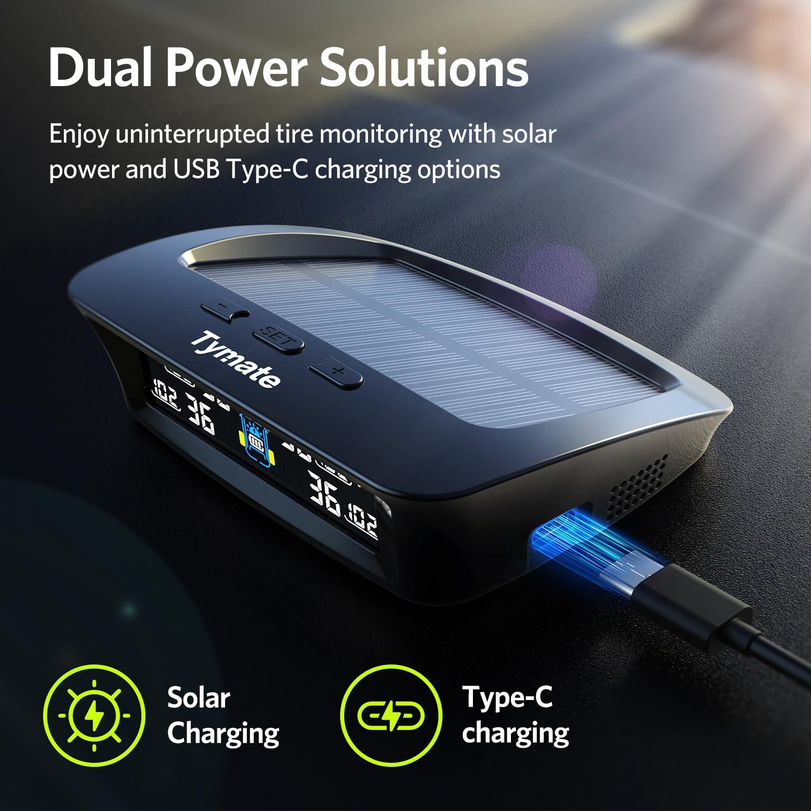 TPMS Tire Pressure Monitor System with Solar Charge & 4 Sensors 2024