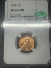 1938 P Lincoln Wheat Cent Penny NGC Slab MS66 Plus + RD Red CAC Approved ✅