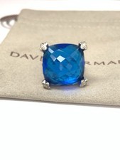 David Yurman Silver 20mm Cushion On Point Ring With Blue Topaz & Diamond Size 6