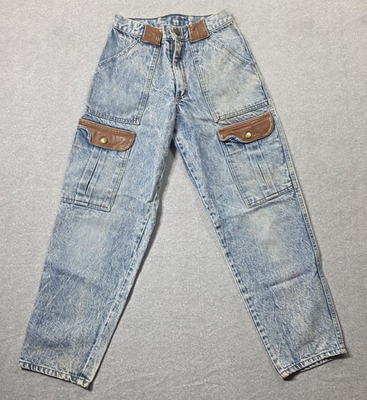 #ad Vintage Acid Wash Jeans Womens 12 Code Blue Cargo Leather High Rise 90s Denim $29.95