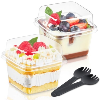 50 Pack 8 Oz Plastic Dessert Cups With Lids Sporks Clear Square Cake Pudding