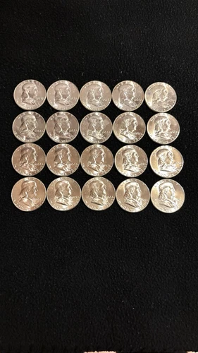 1963 U.S. FRANKLIN HALF DOLLAR CHOICE/GEM BU ROLL OF 20 COINS W/PLASTIC TUBE