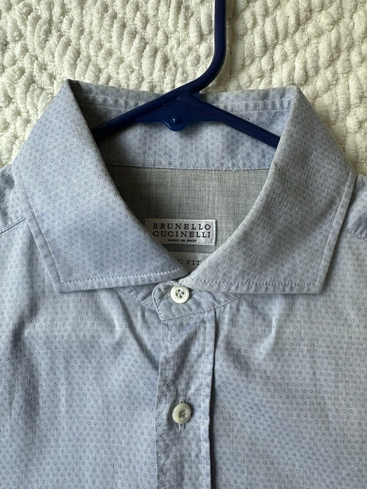 Brunello Cucinelli Dress Shirt Basic Fit Blue Dots Luxury Cotton 16 41 Lg L - Image 2 of 4