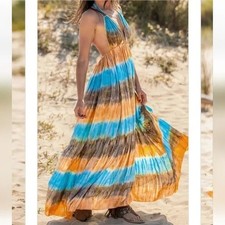 Women's Fashion Halter Dress Tie Dye Open Back Long Beach Maxi Flared Size S