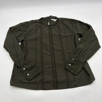 Loft Blouse Women Small Green Solid Embroidered 100% Cotton.#38271