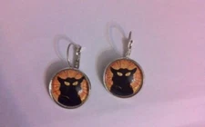 CHAT NOIR Black Cat Silver leverback Drop Earrings