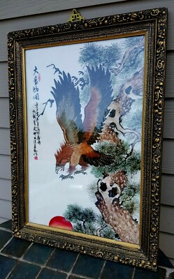 Vtg Chinese Asian hawk bird painting framed signed 15x23 watercolor