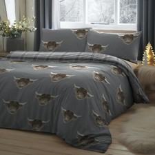 Reversible Animal Highland Cow Tartan Checked Grey Duvet Quilt Cover Bedding Set