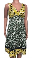 Y2K Green Floral Leaf Button-Up Woven Cotten Smocked Empire Sun Dress S BCBG