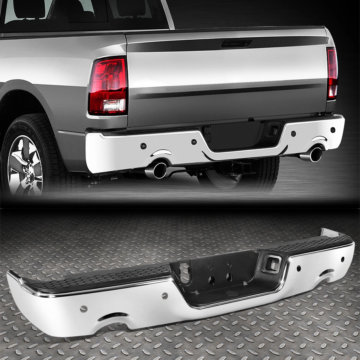 FOR 09 19 DODGE RAM 1500 CHROME STEEL REAR BUMPER W DUAL EXHAUST SENSOR HOLES
