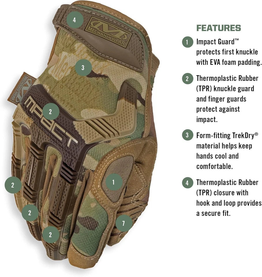 Mechanix Wear MultiCam M-Pact Tactical Safety Gloves SecureFit Impact Protection - Image 2 of 4