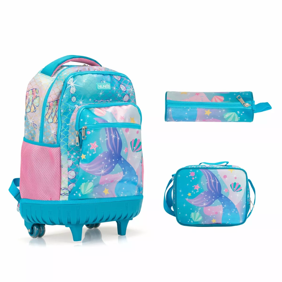 Rolling Backpack Set Wheeled Kid Backpack w/Lunch Bag & Pencil Case for  Girls