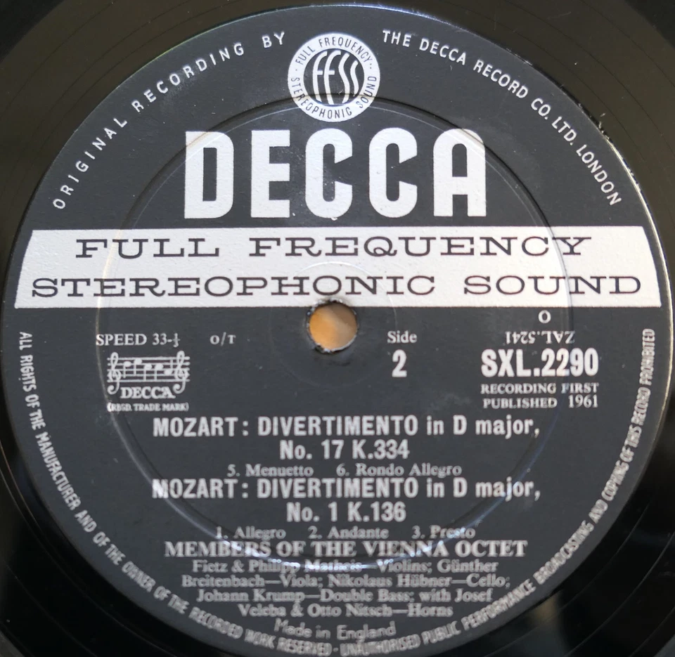 SXL 2290 ED1 Mozart Divertimenti K334 K136 Vienna Octet Decca WBG 1st EX - Image 3 of 4