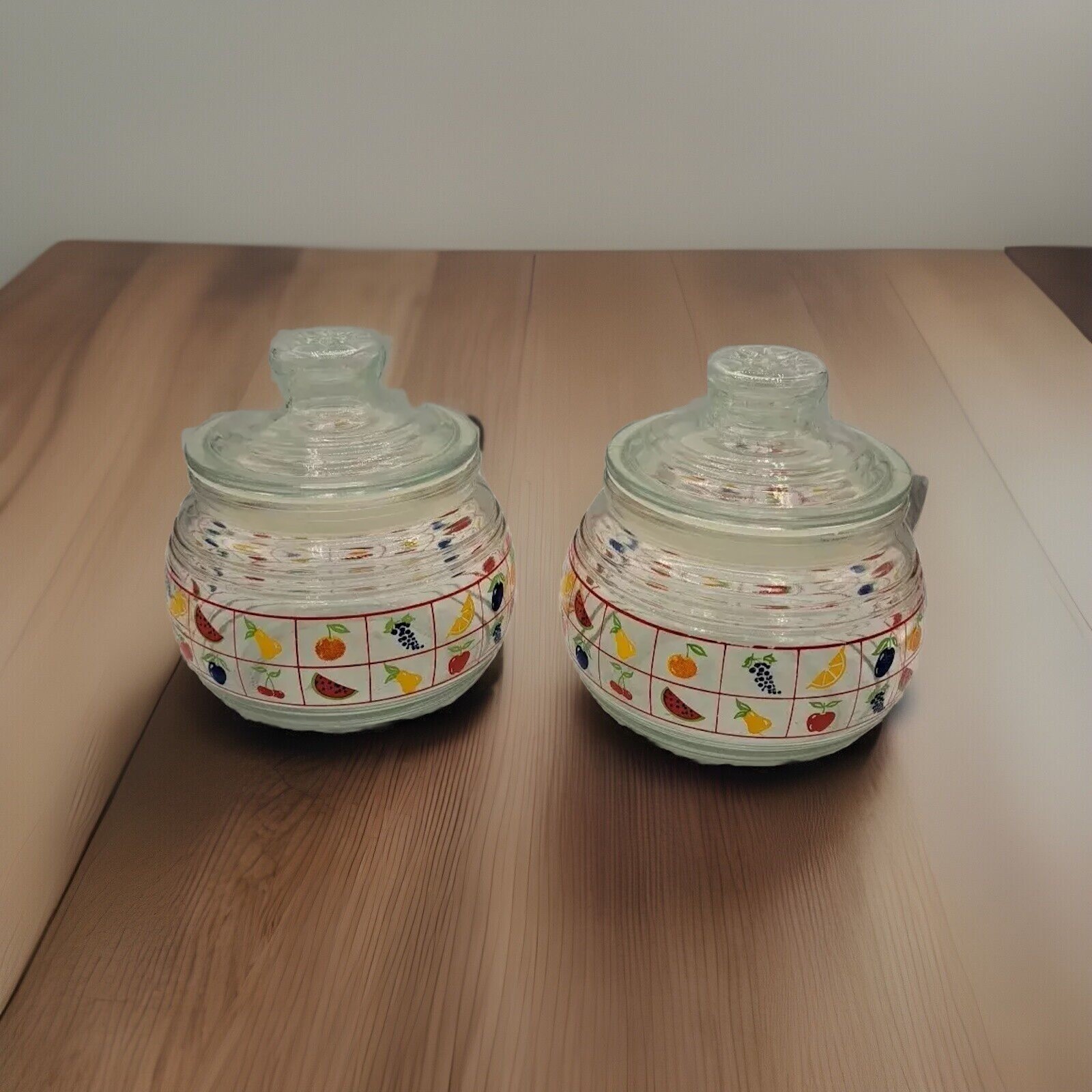 Vintage Clear Glass Cannisters (2) Flowers and Fruit Indonesia 5" High 