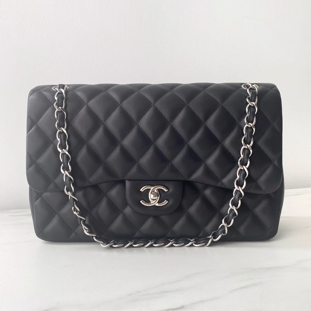 Chanel Medium Classic Double Flap Bag Black Quilted Caviar Silver Hardware