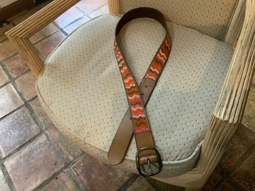 Lucky Brand Beaded Boho Southwestern Brown Genuine Leather Belt Sz L - Picture 2 of 5