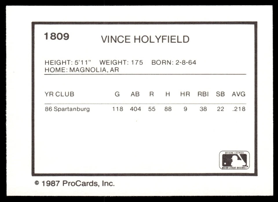 1987 ProCards Vince Holyfield Spartanburg Phillies #1809 - Image 2 of 2