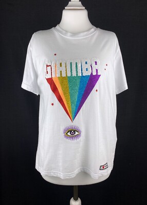 Giamba Paris Giambattista Valli Rainbow Sequin White Cotton T-Shirt Size 44 M