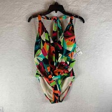 Bar III Women's Cowl Neck Cut Out Tropical One Piece Swimsuit Multi Size M NWT