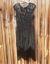Fundaisy 1920's Flapper Dress ~ Emerald Green, Black Sequin ~ Medium ~ New #F72