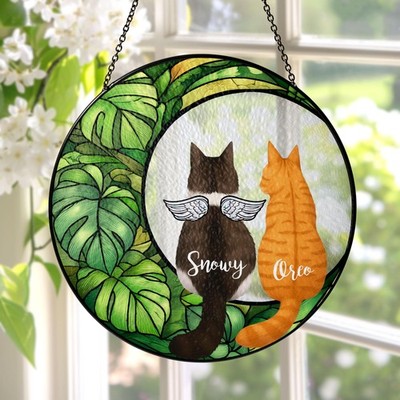 Cat On Moon Stained Glass Suncatcher, Monstera Window Hanging
