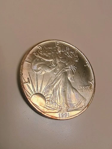 1991 American Silver Eagle 1 Ounce Brilliant Uncirculated With Light Toning