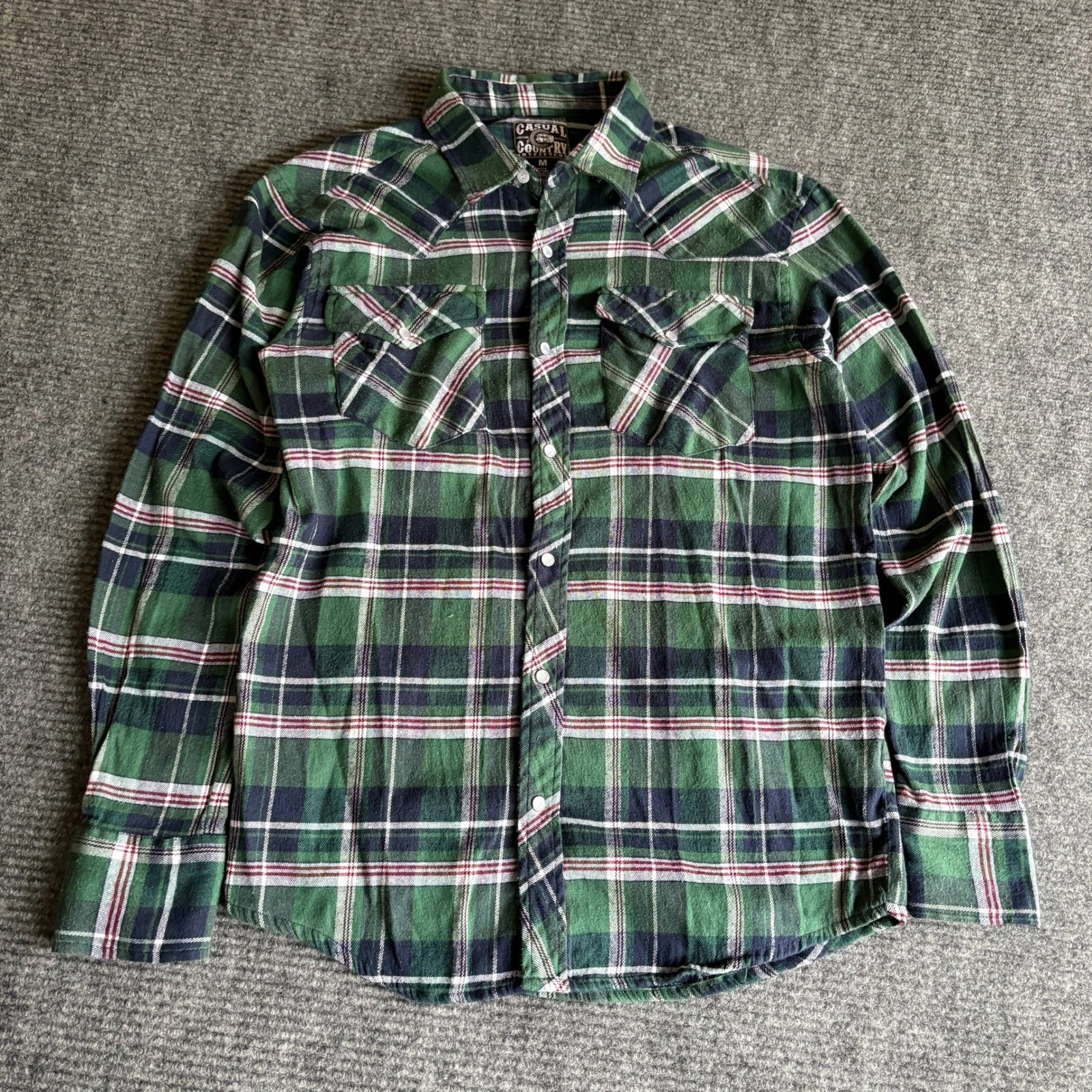 Casual Country Outfitters Mens Green Plaid Western Pearl Snap Flannel Shirt M