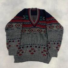 Vintage Abstract Knitted Jumper Patterned Grandad V-Neck Chunky Knit Sweater