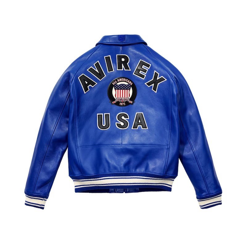 Mens Avirex USA American Flight Bomber Genuine Blue Leather Jacket Varsity image 2