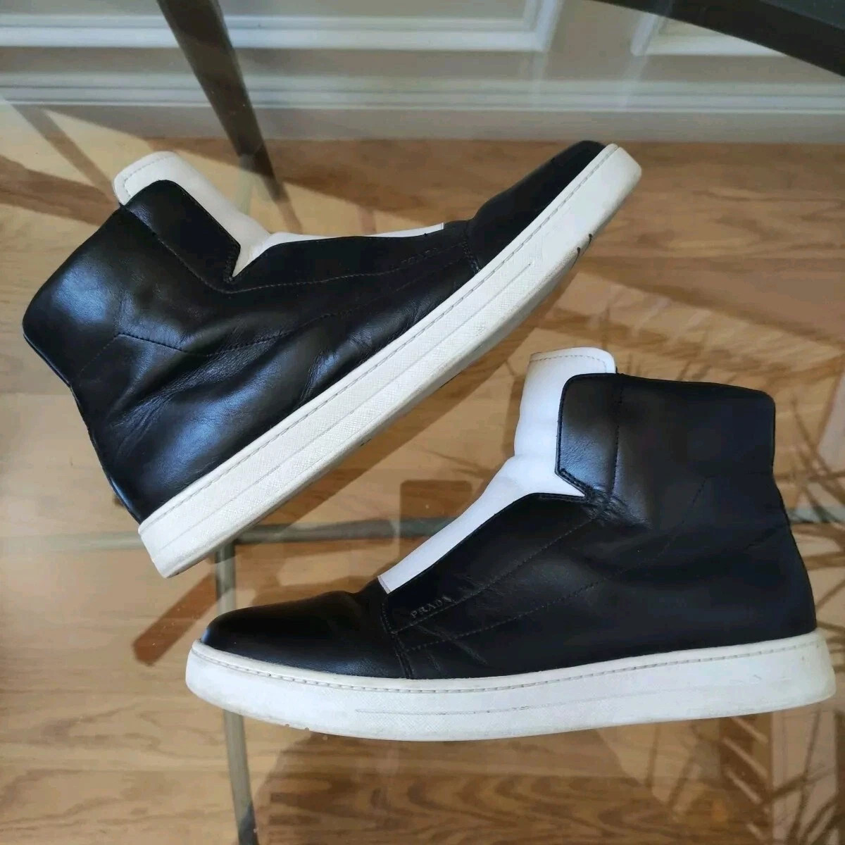 Prada Laceless Leather High Top Zip Sneakers Fit US Men's 9.5
