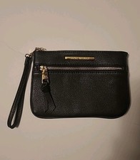 STEVE MADDEN Faux Leather Wristlet Clutch Black Purse with Gold Tone Hardware 8"