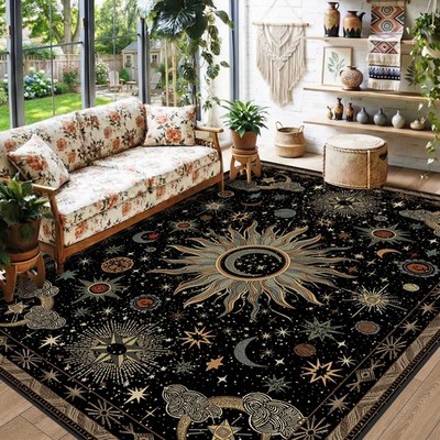 Area Rug 5x7 Washable Non Slip Low Pile Boho Vintage Black Green Beige meejou