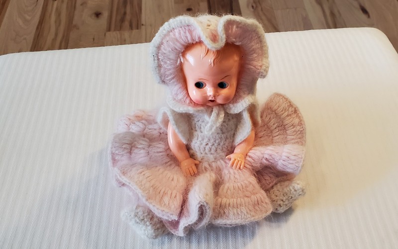Vintage IDEAL 8" Adorable Baby Doll with Beautiful Crocheted Pink & White Dress.