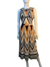 Massimo Dutti Sleeveless Chevron Pleated Midi Dress Orange/Beige/Black Sz 4 EUC