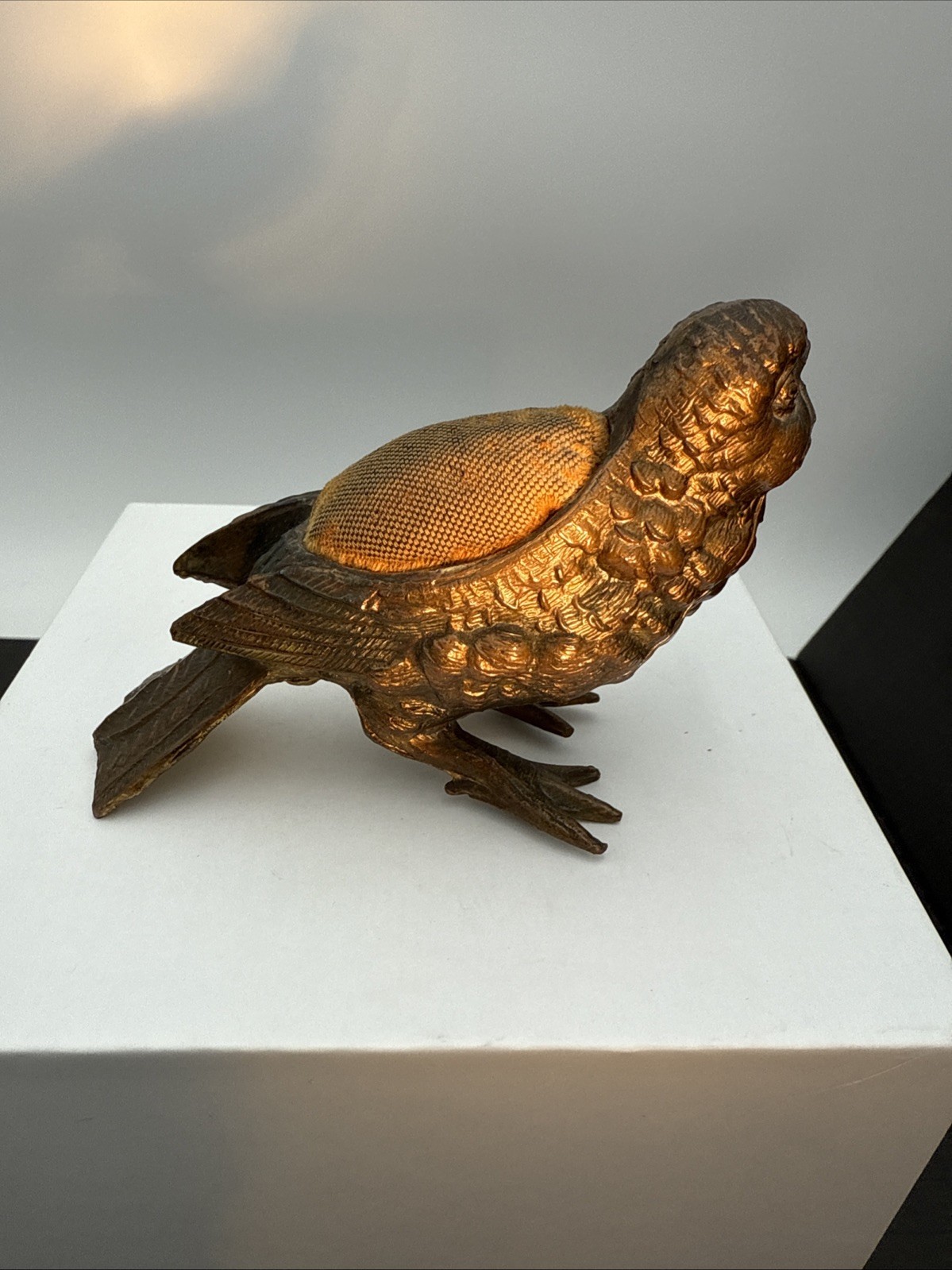 Vintage Cast Metal Standing Sewing Bird Pin Cushion