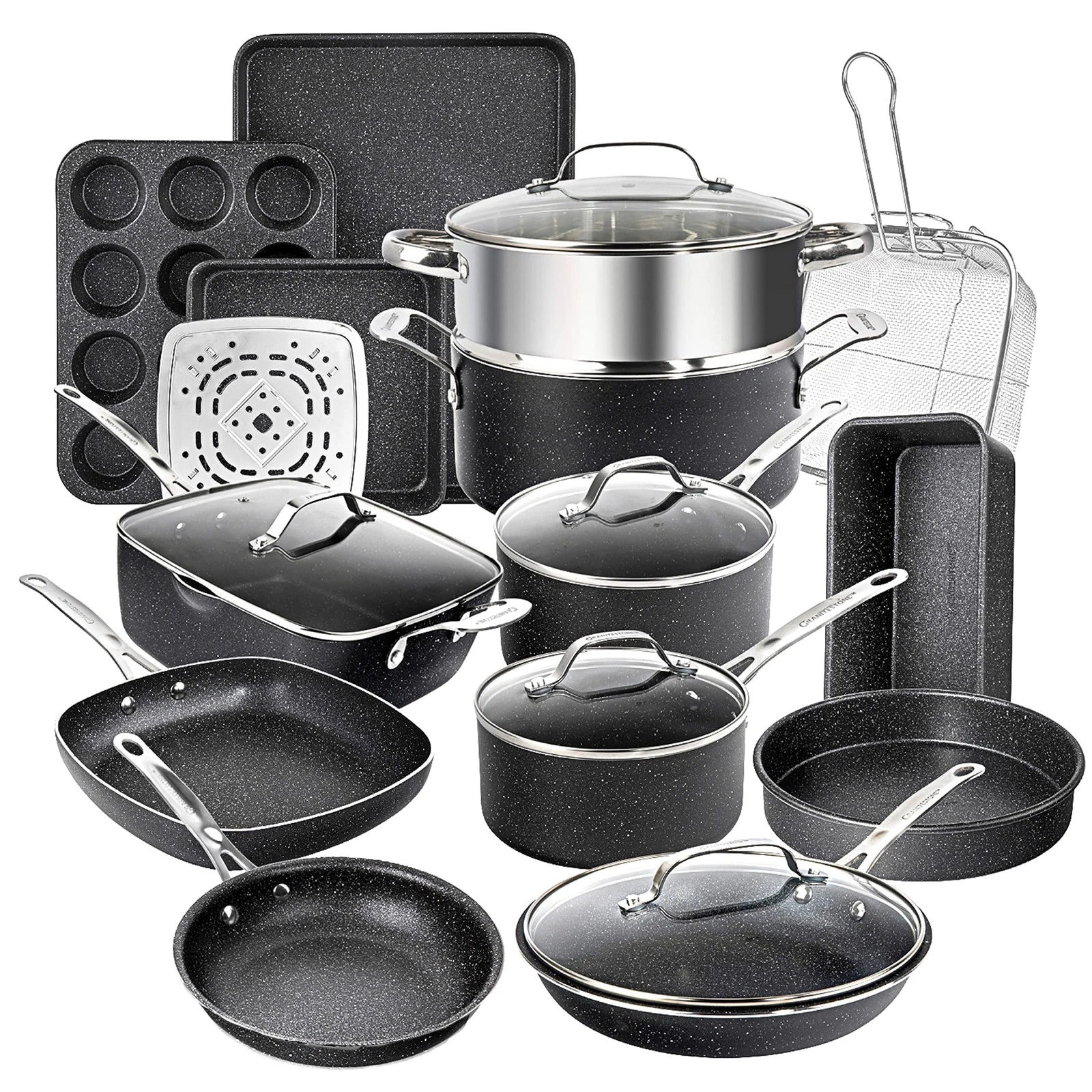 Granitestone 20 Pc Pots and Pans Set Nonstick 20 Set, Black Speckle